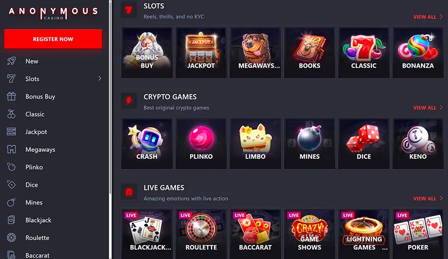 Anonymous Casino Interface