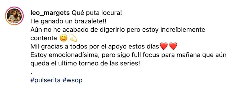 Mensaje en Twitter de Leo Margets sobre su título en la WSOP 2021