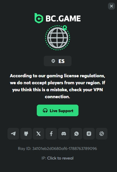  BC.Game geo-restriction notice shown to a player connecting from a restricted country (Spanish IP)