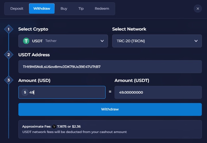 Rainbet withdrawal form for $49 USDT with the approximate network fee