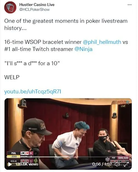 Hustler Casino's Twitter account sharing one of the biggest hands of the night