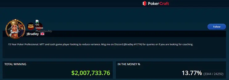 GGpoker staking profile in PokerCraft