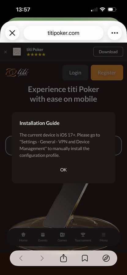 Titi Poker notice that on iOS 17+ the profile is installed manually in Settings