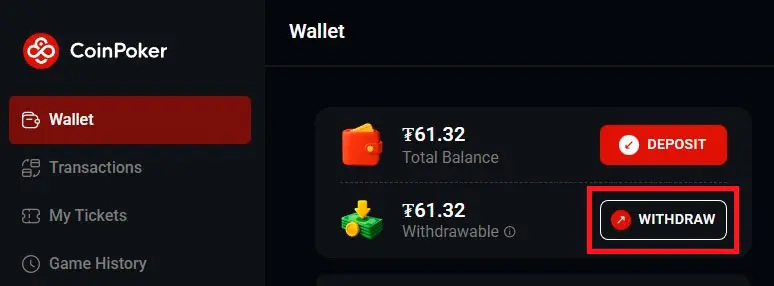 Coinpoker Withdrawal in Cashier