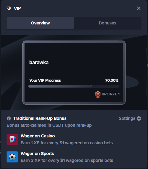 Gamba VIP overview at 70% to Bronze 1, with 1 XP per $1 on casino bets and 3 XP on sports