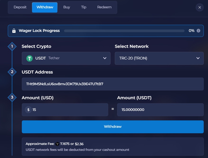 Rainbet Withdraw tab showing Wager Lock Progress at 0%
