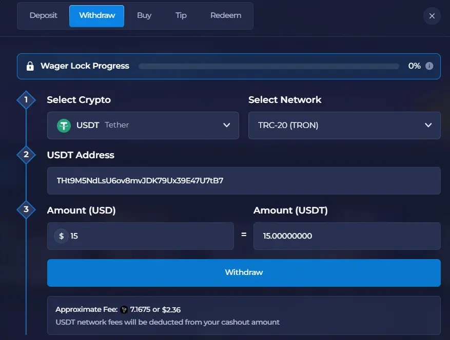 Rainbet Withdraw tab showing Wager Lock Progress at 0% Rainbet Withdraw tab showing Wager Lock Progress at 0%