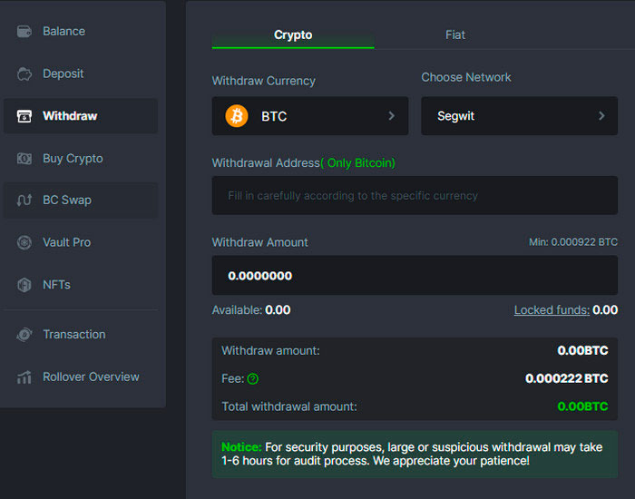 Bc Games Withdrawal menu