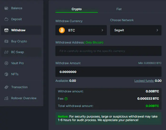 Bc Games Withdrawal menu