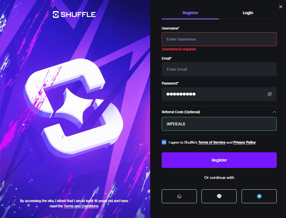Shuffle registration form showing the optional Referral Code field where the WPDEALS bonus code is entered]