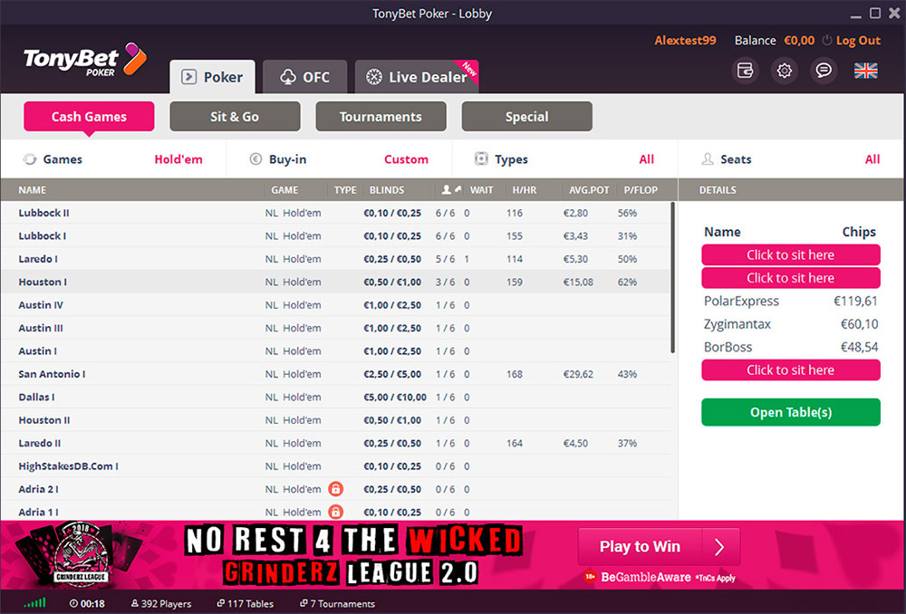 Tonybet Poker Lobby En
