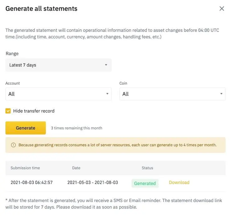 Generate account statements on Binance