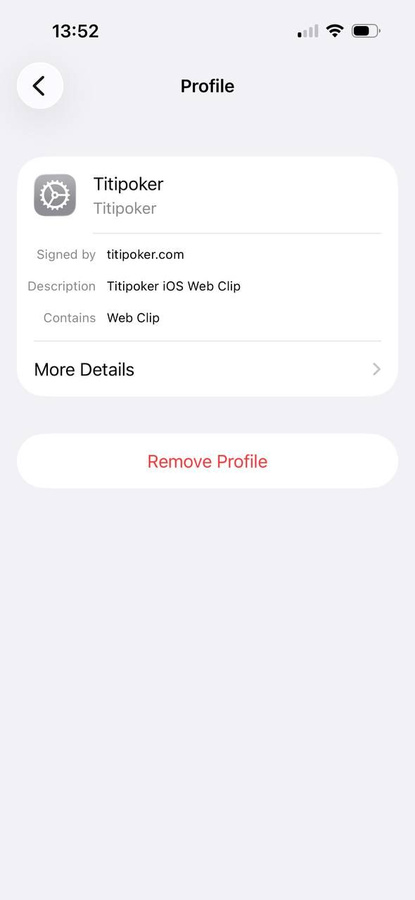 Titi Poker iOS profile in Settings — Contains: Web Clip, signed by titipoker.com