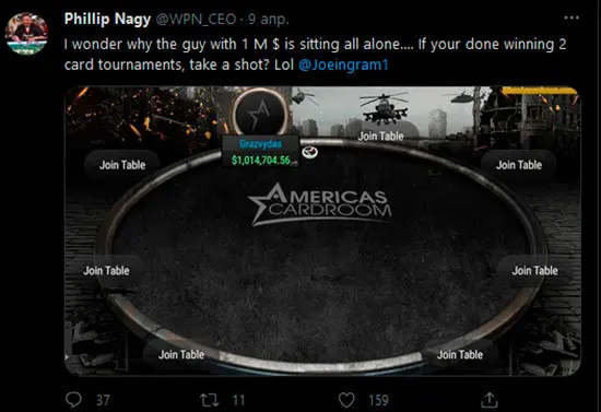 Phil Nagy comparté mesa con un jugador sentado con un millón de dólares