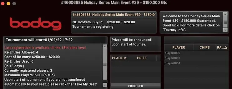 Evento Principal de la Holiday Series en Bodog Poker