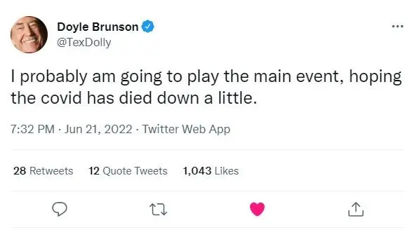 Cuenta de Twitter de Doyle Brunson anunciando participar en el WSOP 2022 Evento Principal