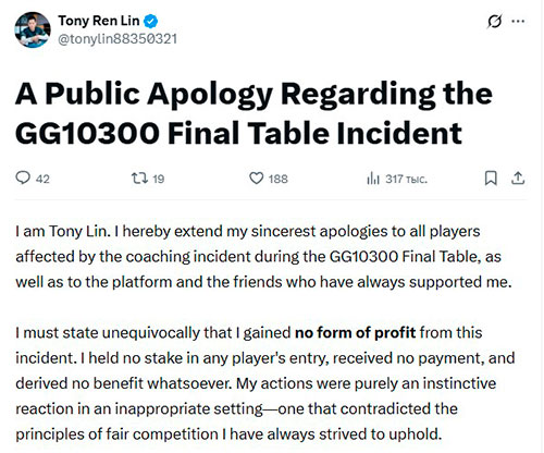 Tony Ren Lin Apologizes for Hosting Ggmillions Finalist