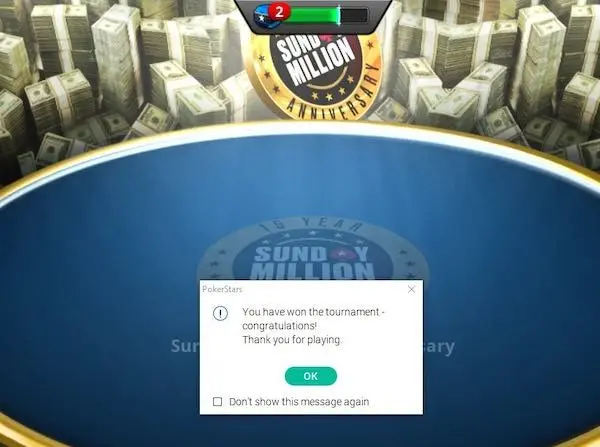 Mensaje de PokerStars al campeón del Sunday Million