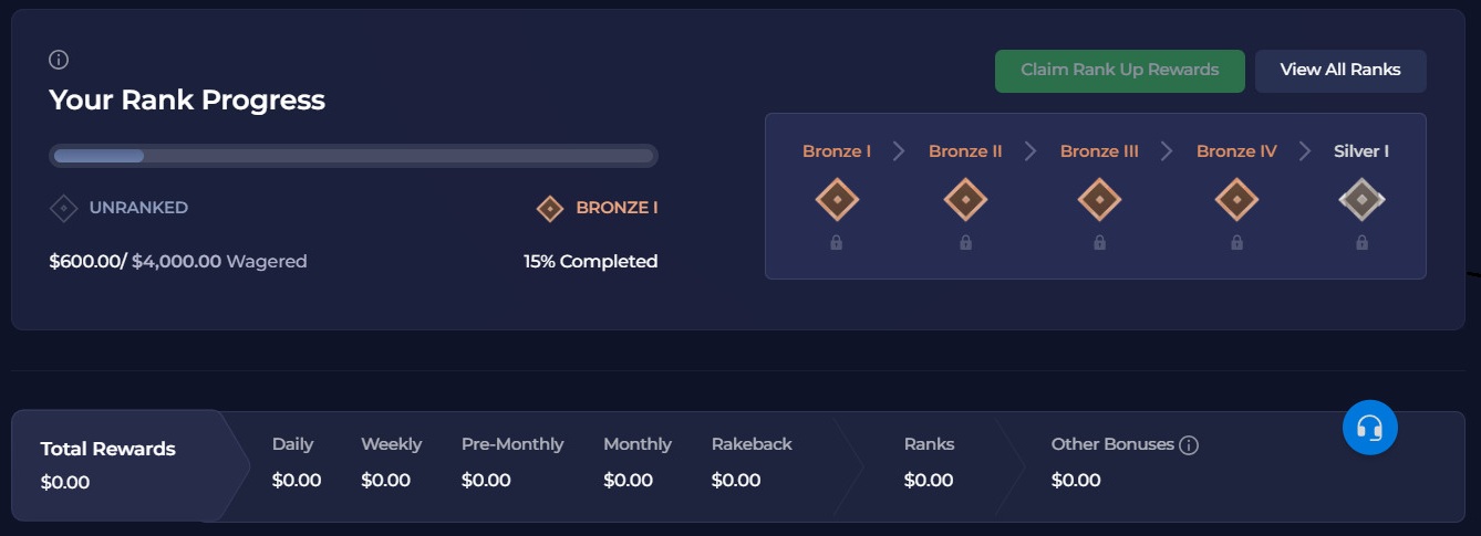 Rainbet profile showing $600 wagered and 15% progress to Bronze I