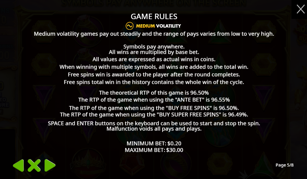 Gates of Olympus Super Scatter rules on Gamba showing 96.50% RTP