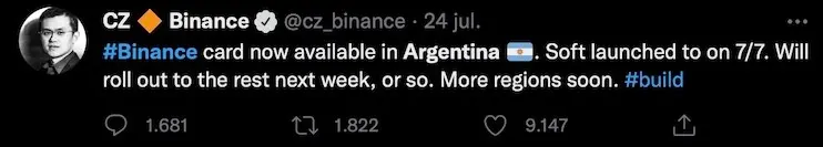 El CEO de Binance anuncia la tarjeta en Argentina