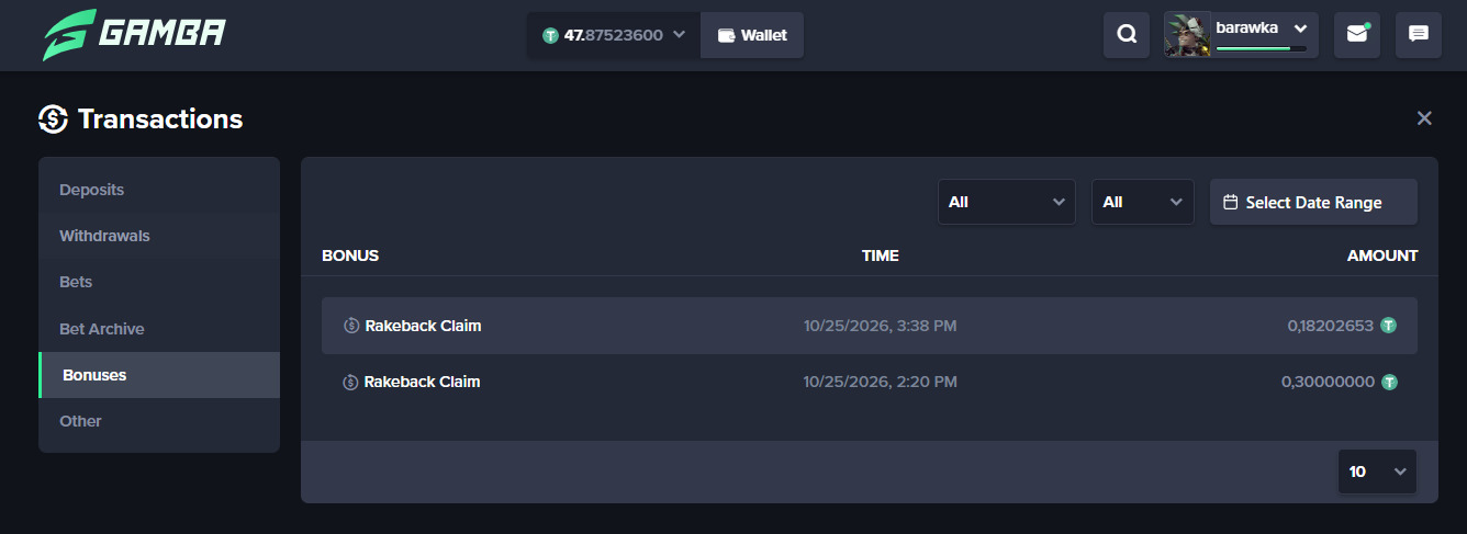 Gamba transaction history with rakeback claims of 0.30 and 0.18 USDT