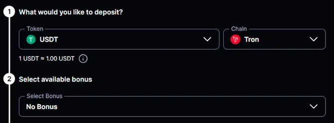 Select a cryptocurrency for deposit in the CoinPoker