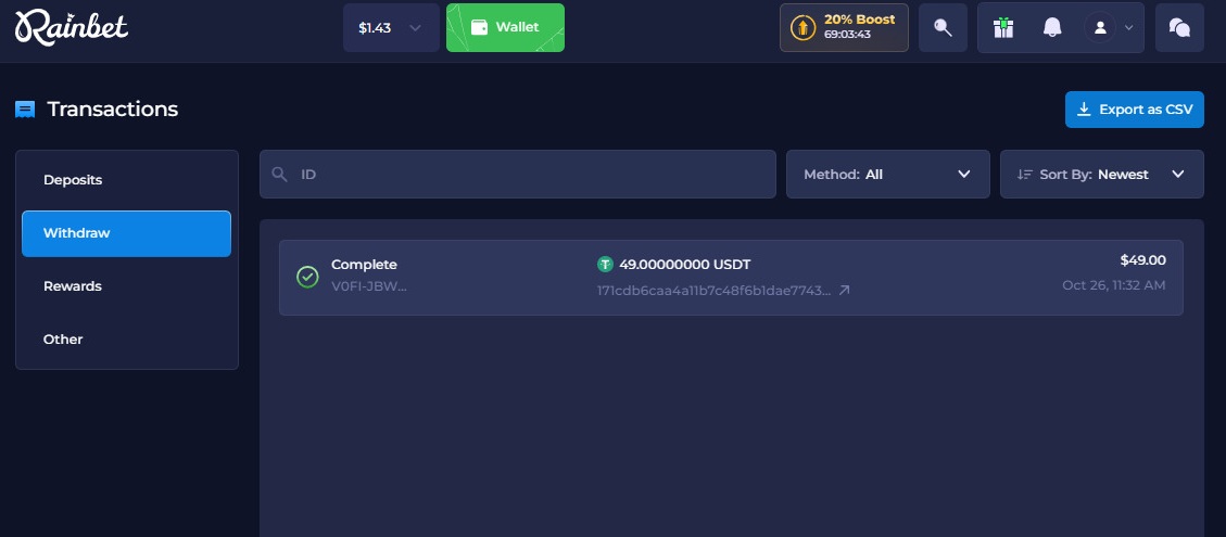 Rainbet transaction history showing the $49 USDT withdrawal as Complete