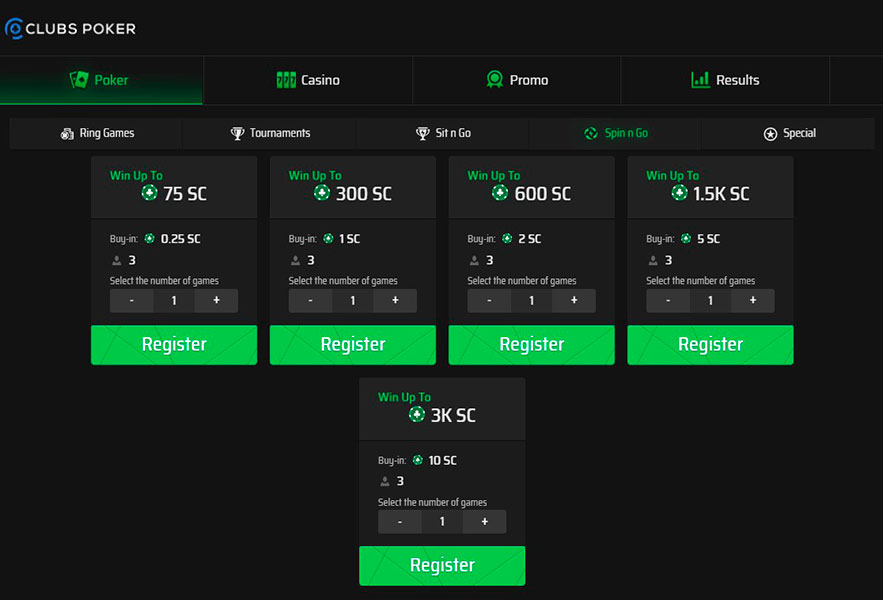 Clubs Poker Spin and Go Lobby