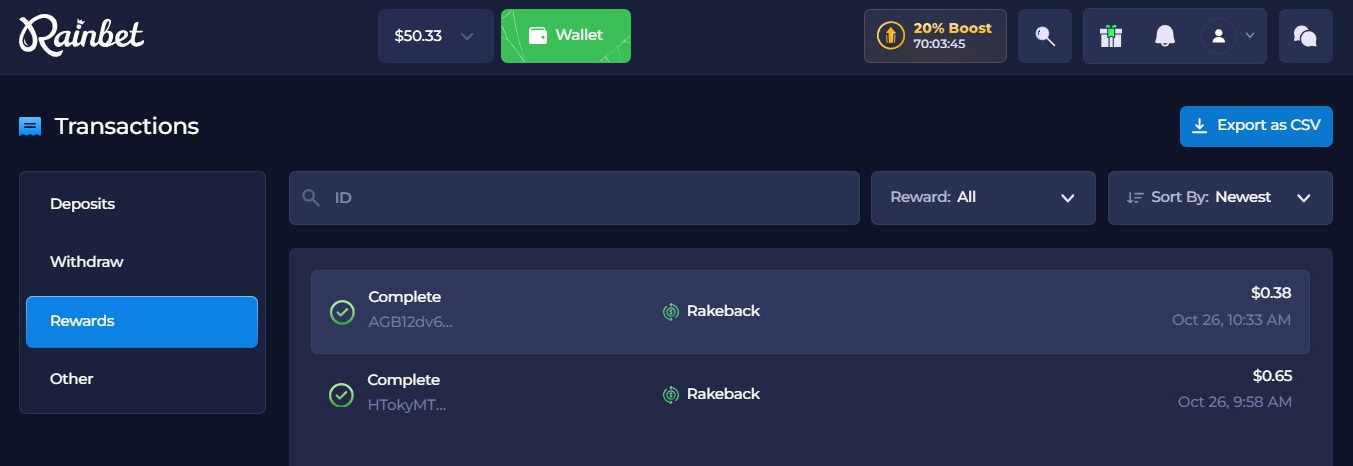 Rainbet transaction history showing rakeback credits of $0.65 and $0.38
