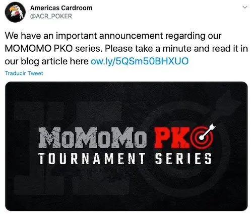 Twitter Americas Cardroom cancelando serie de torneos MoMoMo PKO
