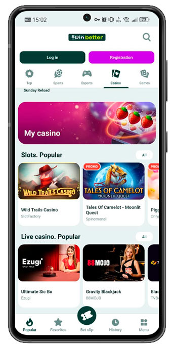 SpinBetter APK download page on Android — official site banner