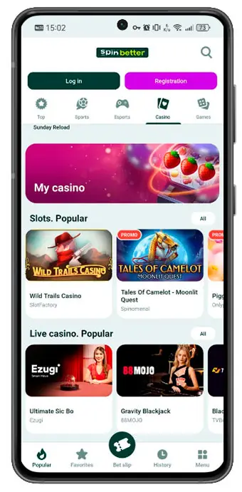 SpinBetter APK download page on Android — official site banner