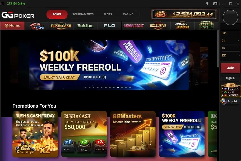 Ggpoker Trafic 213,864 players online