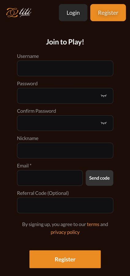 Titi Poker registration form with the Referral Code (Optional) field