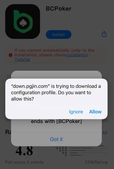Allow to Download Bcpoker Profile to Device on iOS