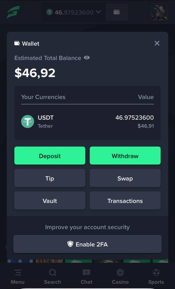 Gamba wallet on the mobile site