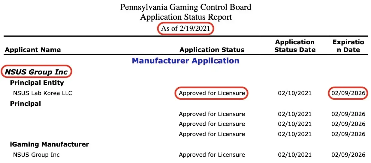GGPoker NSUS license application for a license in Pennsylvania