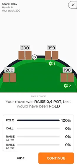 Мобильная версия Pokersnowie - режим практики