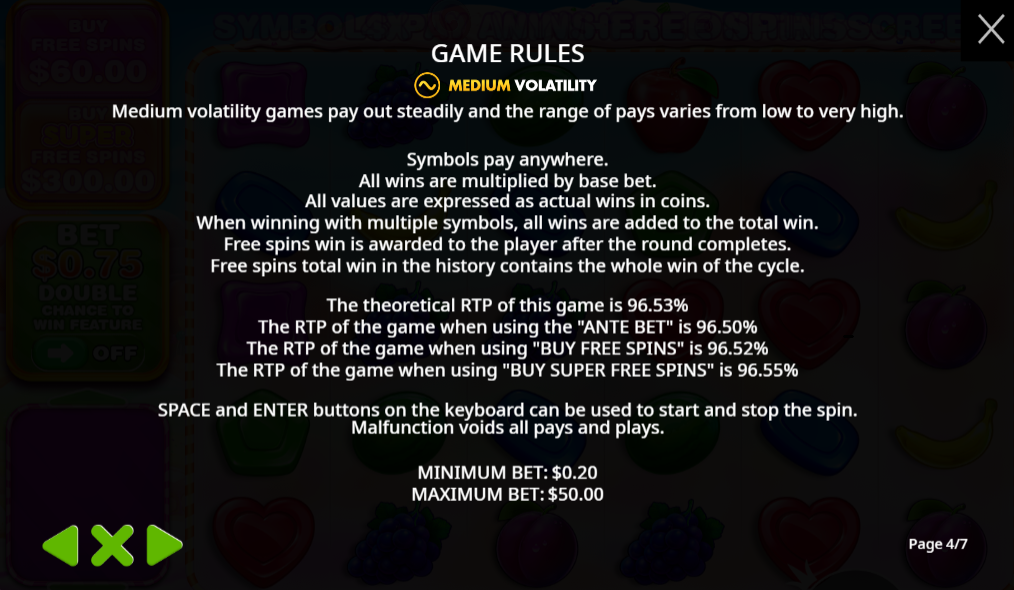 Sweet Bonanza 1000 rules on Gamba showing 96.53% RTP