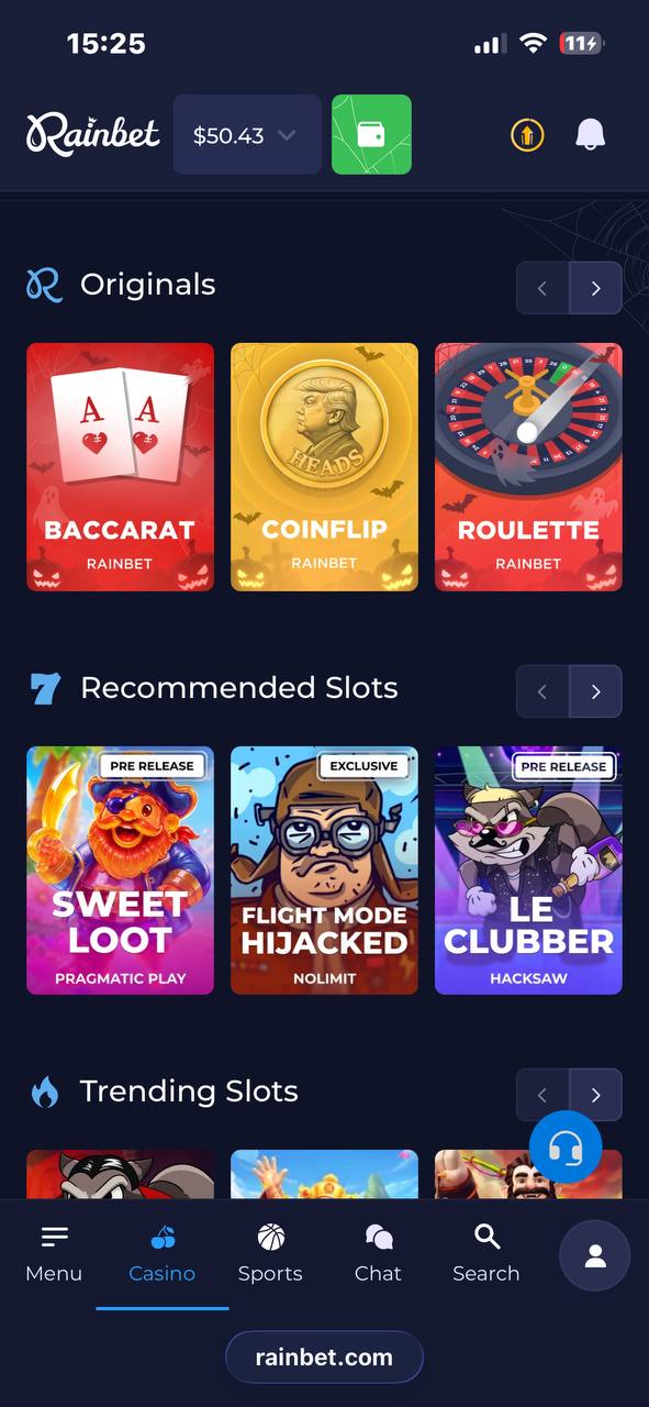 Rainbet mobile site in Safari with Originals and slots in the lobby