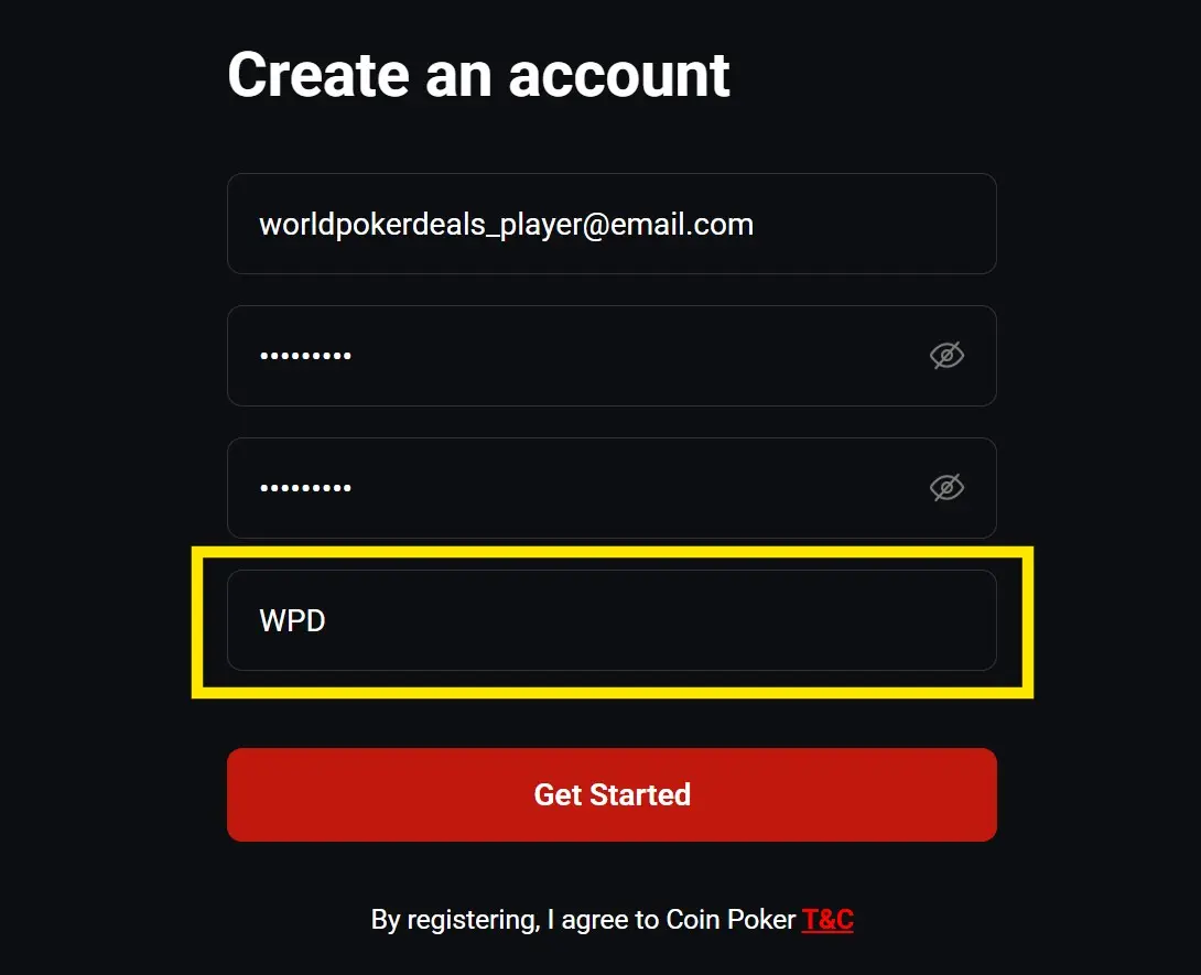 Code Wpd in Coinpoker Signup Form