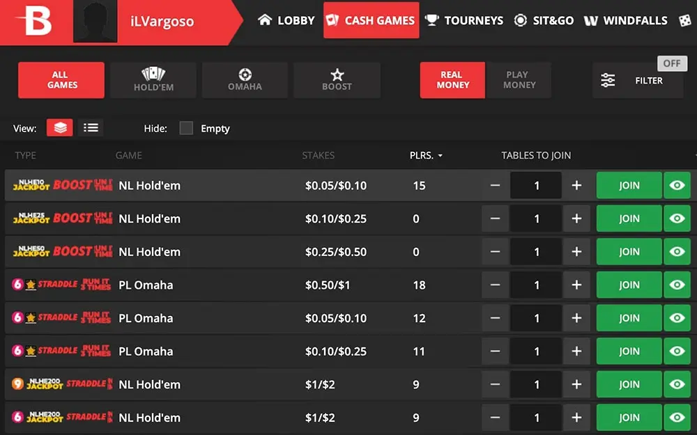 Chico Poker Network лобби кеш-столов