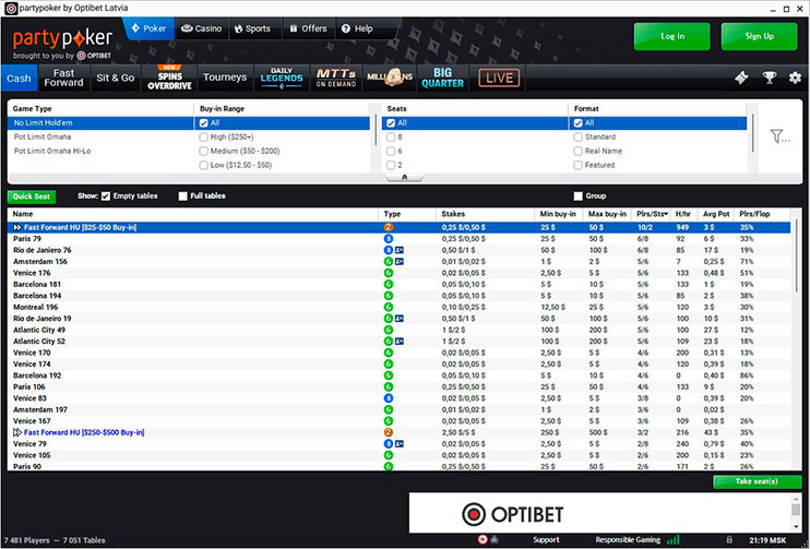 Optibet Poker лоби кеш-столов