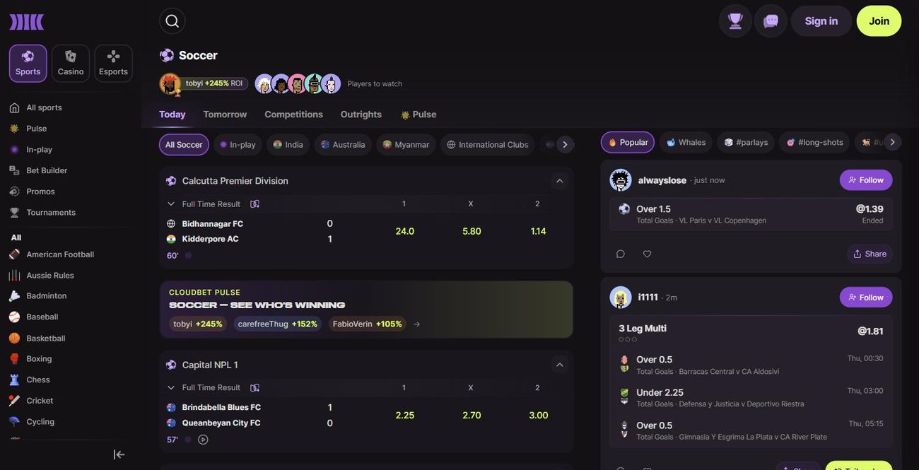 Cloudbet soccer page — Full Time Result odds, competitions and the Pulse feed