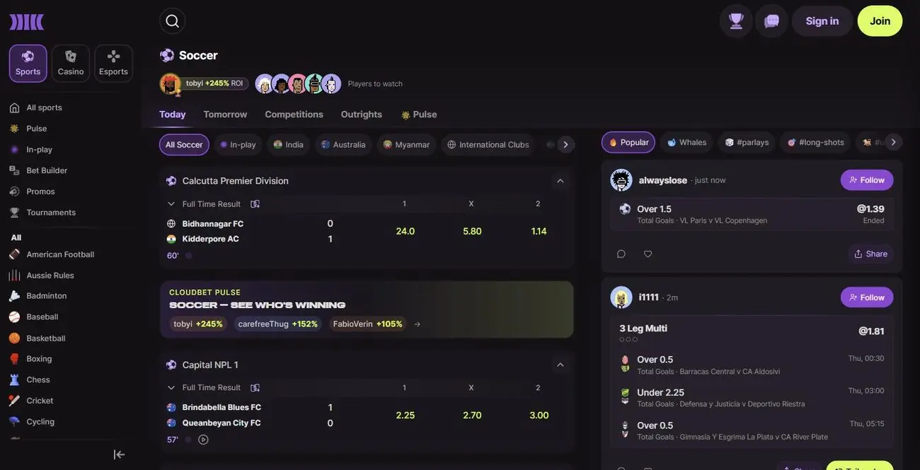 Cloudbet soccer page — Full Time Result odds, competitions and the Pulse feed