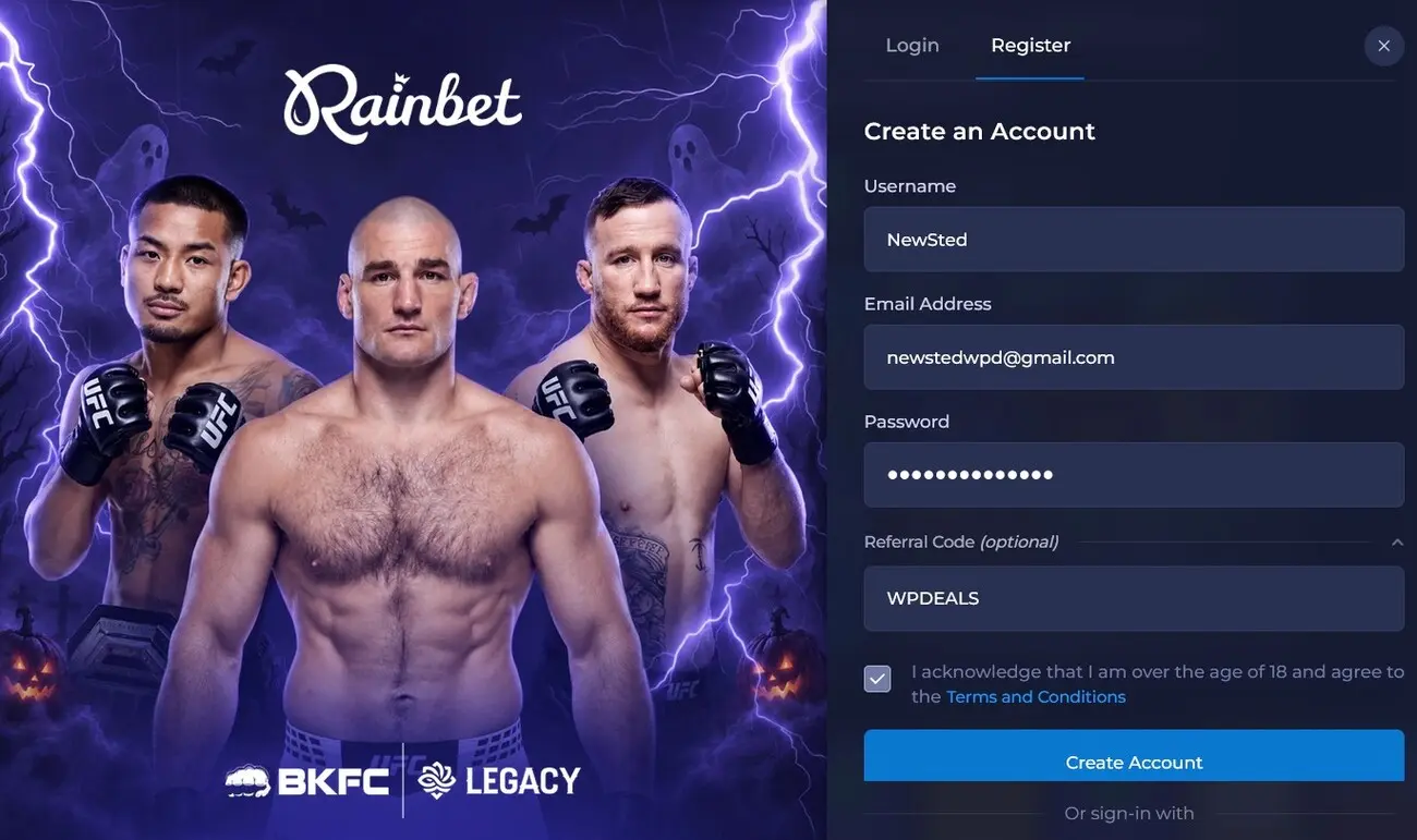 Rainbet Registration form with referral code field