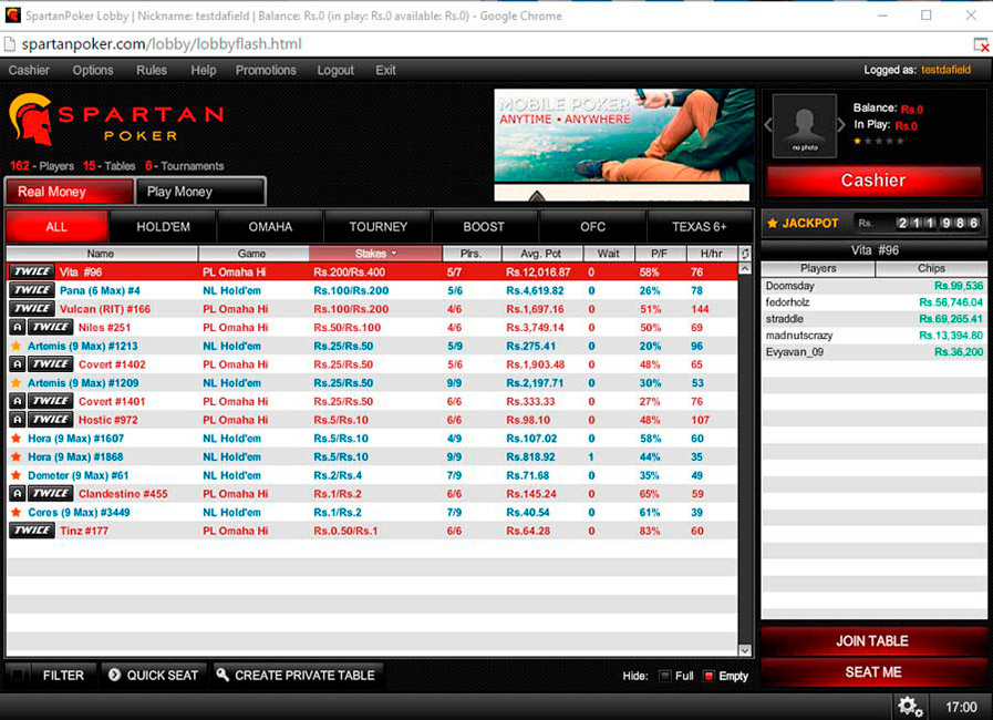Spartan Poker Cash Tables Lobby En