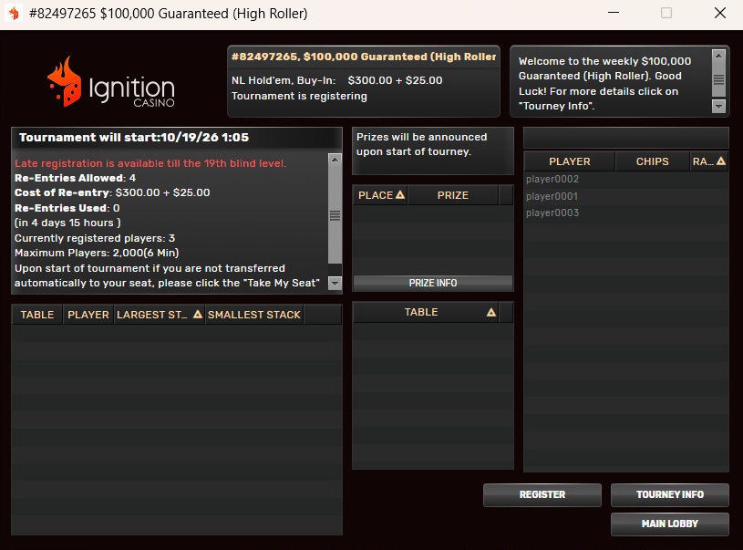 Ignition Poker tournament lobby: $100,000 GTD High Roller, $300 + $25 buy-in