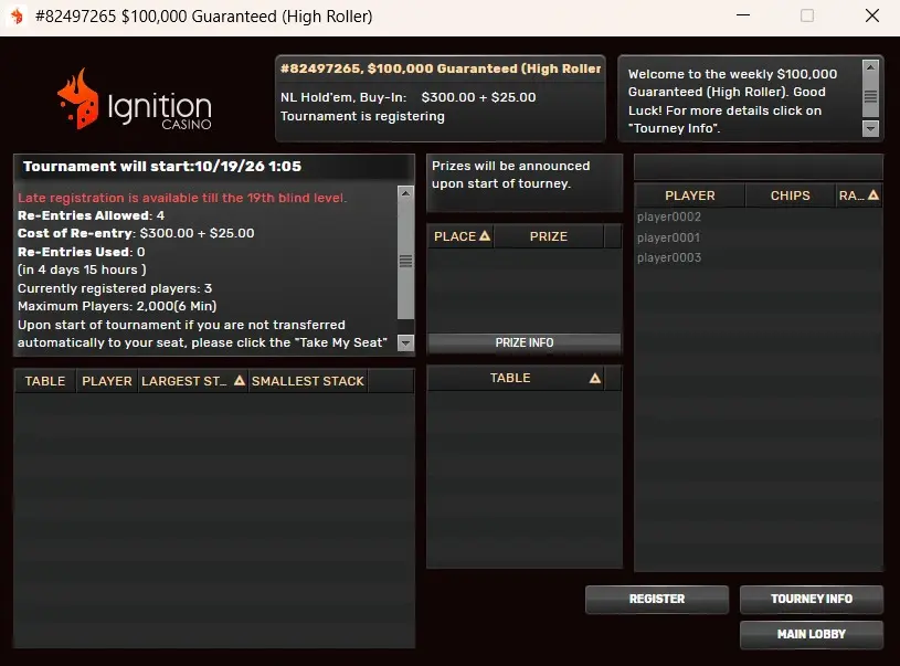 Ignition Poker tournament lobby: $100,000 GTD High Roller, $300 + $25 buy-in Ignition Poker tournament lobby: $100,000 GTD High Roller, $300 + $25 buy-in